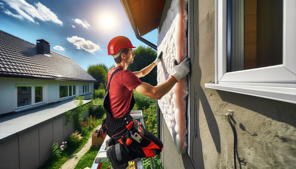 Un travailleur du bâtiment installant un matériau isolant pour améliorer l’isolation thermique d’une maison.